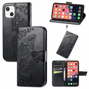 For iPhone 13 Case,Butterfly PU Leather Wallet Cover,Black