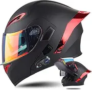 Motorcycle Bluetooth Helmets Flip Up Front, Flip-Up Modular Helmets with Bluetooth Helmet, DOT Approved Full Face Helmet Crash Scooter Helmet Double Anti-Fog Visors for Men Women