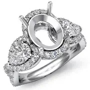 Three Stone Diamond Wedding Pear Oval Mount Halo Pave Ring 18k White Gold 1.4Ctw