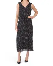 NEW ANNE KLEIN BLACK DOTS CHIFFON MIDI FLARE BELTED DRESS SIZE 12