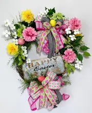 HAPPY EASTER WOODEN SIGN FLORAL GRAPEVINE WREATH COLORED EGGS SPRING FLOWERS NEW
