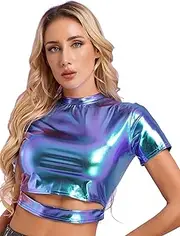 [Hedmy] Shiny Metallic T-Shirts Women Girls Short Sleeve Holographic Crop Top Hip Hop Jazz Dance Party Costume