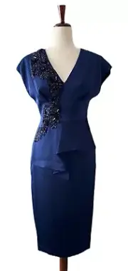 Aidan Mattox Sequin Lace Applique V-neck Cap Sleeve Peplum Satin Dress Size 0