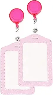 2 Pack Card Holder Set, PVC Retractable ID Badge Sleeves with Expansion Buckle for Office, School and Factory (Pink)
