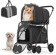 MoNiBloom Double Dog Stroller with Detachable Carrier Bags Large 4 Wheels Foldable Jogger for Small and Medium Dog Cats, Black/Gray