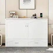 Harper & Bright Designs Queen Size Murphy Bed, Wall Bed with Drawer and a Set of Sockets & USB Ports, Pulley Structure Design, White