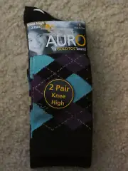 New 2 Pairs Girl's Auro Gold Toe Knee High Socks Blue Argyle Diamond Size Small