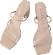 [PODAIK] Women's Strappy Heels Clear Straps Chunky Block Mule Heeled Sandals Transparent Open Square Toe Slides Crystal Weding Dress Slippers