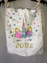 Jax & Olivia Reversible Sequin Unicorn Love Canvas Drawstring Bag 16" H X 13" W