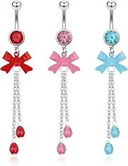 [CABBE KALLO] 3Pcs Bow Belly Button Ring with Dangling Chains, 14G Belly Rings Dangle Navel Piercing Jewelry - Surgical Stainless Steel with 3 Colors, 14g, Copper, no gemstone