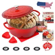 Red Enameled Dutch Oven 6QT - Versatile Cast Iron Cookware with Silicone Gloves