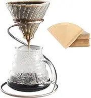Pour Over Coffer Maker Set – Includes Glass Coffee Dripper, Metal Dripper Stand, Heat Resistance 600ml Coffee Server and 40 Count Paper Coffee Filters, 4 in 1 Set for Home or Office (Bronze Set)