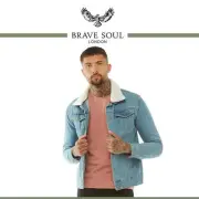 Brave Soul Mens Denim Jacket Larson Cream Borg Detachable Collar