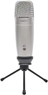 Samson Studio Condenser USB Microphone with Headphone Output - 29/C01UPRO 16-bit, 44.1/48kHz Resolution - Ideal for Musicians, Producers, Broadcasters, YouTube Recordings, Plug-and-Play(Silver)