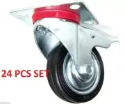 24 PCS 3" CASTER WHEELS WITH BASE WHEEL WITH BRAKES BEARINGS SWIVEL RUBBER TIRE