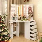 Corner Vanity Desk w/ Mirror Makeup Vanity Table w/ Power Outlets Dressing Table