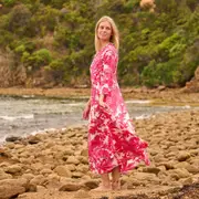 Tropical Blush Maxi Dress � Hand Screen-Printed Cotton in Bold Coral Pink - BD59