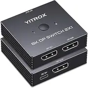 YITROX 8K DP Switch 2 in 1 Out, DP2.0/1.4 Switcher, 8K@60Hz, 5K@240Hz, 4K@240Hz/165Hz/144Hz/120Hz, 2K@480Hz/360Hz, Aluminum Shell, Unidirectional