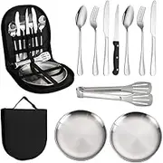 Camping Cutlery Set,Portable Picnic Cutlery Set,Stainless Steel Tableware,Portable Picnic Supplies,with Spoons Forks Plate for Outdoor Camping Hiking Travel (10 Pieces)