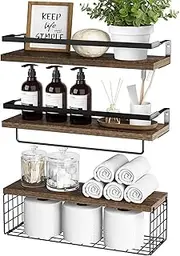 Ssumght Floating Shelves Over Toilet, Wall Mounted Storage Shelves with Black Metal Frame and Towel Rack for Bathroom, Suitable for Living Room, Kitchen and Wall Decoration,Set of 3 (Dark Color)