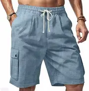 [DOONAU] Men's Solid - Color Linen Cargo Shorts: Lightweight, Elastic Waist with Drawstring, Great for Beach, Many Pockets, Light Blue, Large