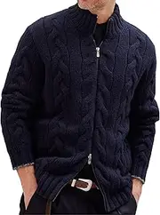 [Qolkmuiy-GJ] Men's Cable Knit Zipped Cardigan Mock Neck Slim Fit Polo Sweaters Casual Knitted Turtleneck Cardigans