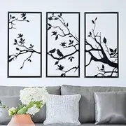 DUOOLN 3 Packs Birds On Branch Large Metal Wall Art Decor,Black Tree of Life Silhouette Sculpture,Leaves with Birds Metal Ornament Hanging Sign for Home Garden Office Living Room Indoor Outdoor