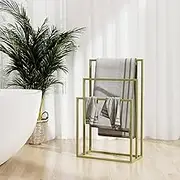 Freestanding Towel Rack Gold 48x24x79 cm Iron Freestanding Towel Rack Solid Wood Towel Holder Drying Stand with 3 Towel Rails and Storage Shelf Bathroom Accessory Organizer for B LWX