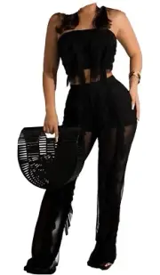 Women Ruffled Two Piece set High Waisted Pants And Sleeveless Crop Top / Small