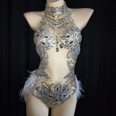 Sparkly Silver Crystals Mesh Bodysuit Women Feather Outfit Bar Stage Party Dress