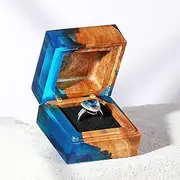 GOGOJSM Blue Wood & Resin Wedding Ring Box, Single Slot Handcrafted Ring Holder for Proposal & Ceremony