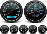 ARTILAURA 7 Gauge Set-GPS Speedometer, Tachometer, Oil Pressure, Fuel Level, Water Temperature, Trim, Voltmeter 7 Color AUTO Marine Boat Gauges Kit (All Black)