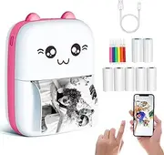Mini Printer Portable, Pocket Thermal Printer with 7 Rolls Paper, Bluetooth Wireless Smart Printer for Photo Office Receipt Label Note QR Code Inkless Printing (Pink)