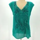 NWT LUCKY BRAND Teal Embroidered Floral Flower Peasant Top XL X-Large NEW $89