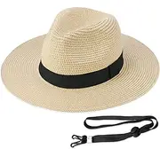 [Exemaba] Straw Panama Hat for Women Men Summer Fedora Beach Sun Hat with Chin Strap Adjustable Foldable Floppy Wide Brim Hat