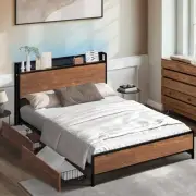 Oikiture Metal Bed Frame Queen Double King Size with LED Storage Headboard USB