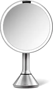 simplehuman Floor Mount 8" Round Sensor Makeup Mirror with Touch-Control Brightness, 5X Magnification, Rechargeable and Cordless, Brushed Stainless Steel
