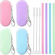 Prasacco 4 Sets Silicone Straws Reusable Straws with Case Foldable Straws Portable Drinking Straws for Travel Party