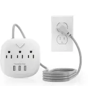 Power Strip 3 Outlets 3 USB Switch Control 5ft Cord Compact White