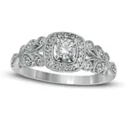 0.50 CT. T.W. Natural Diamond Cushion Frame Ornate Antique Vintage-Style Engagement Ring in Solid 10K White Gold