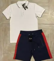 Mens Polo Shirt Shorts Tracksuit Set White Blue XL RRP £60 Boohoo Man Summer Set