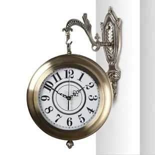 TQJ歐式金屬皮革雙面掛鐘時鐘表創意掛表客廳臥室靜音壁掛鐘