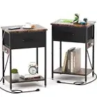Night Stand Set,Bedside Tables with Charging Station, Fabric Drawer, 2 Black