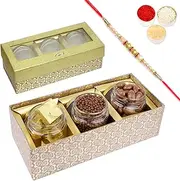 Jaiccha Ghasitaram Rakhi Gifts for Brothers Golden Box with 3 Jars of Chocolate Coated Almonds, Rice Crispies and MEWA Bites with Pearl Rakhi