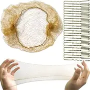 Tenalleys Ballet Hair Bun Cover, 50Pieces 50cm Nylon Invisible Hairnet Invisible Elastic Edge Mesh, 50Pcs U Shaped Pins fits Food Service, Ballet Bun,Wig and Women(Light Linen)