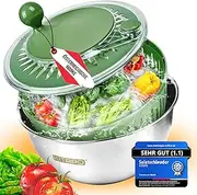 KITAPO Salad Spinner Stainless Steel with Crank Drive [2 in 1 Serving Bowl] 4.5 L [Water Outlet, Dishwasher Safe, Non-Slip] Salad Spinner Fruit Spinner Salad Spinner Large