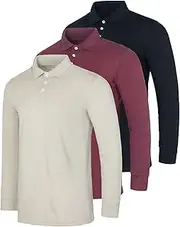 [Real Essentials] 3 Pack Men's Cotton Jersey Long-Sleeve Polo Shirt - Casual Workwear Office (Available in Big & Tall)