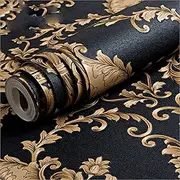 KeTian European Luxury Vintage Damask PVC Deep Embossed Textured Home Decoration Living Room Bedroom Wallpaper Roll Black Gold 0.53m (1.73' W) x 10m(32.8'L)=5.3m2 (57 sq.ft)