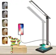 LED Desk Lamp 12W with Fast Wireless Charger & USB Charging Port, Led Desk Light with 35 Dimmable Adjustable Lighting, 40min/1hr Timer, Eye-Caring Bedside Lamp for Home Office, Reading, Study (Grey)