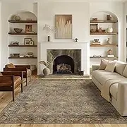 8x10 Area Rug, Ultra-Thin Foldable Low Pile Machine Washable, Lightweight, Sound Absorbing Vintage Green Geometric Rectangular Rug for Living Room